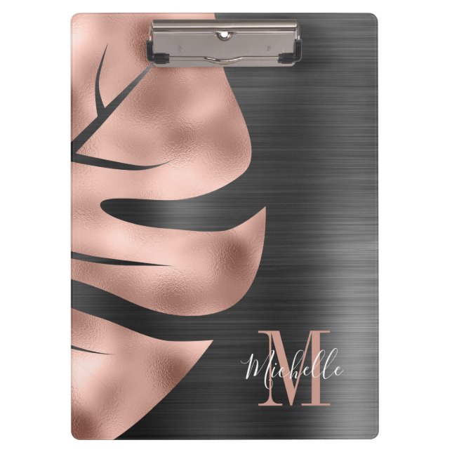 Elegant Monogram Rose Gold Black Clipboard (Front)