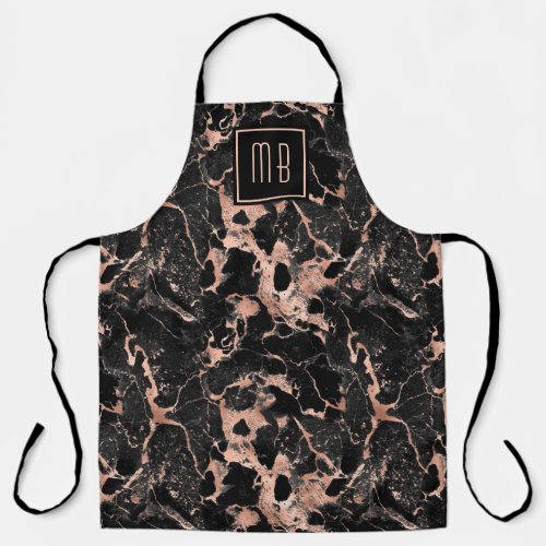 Elegant Monogram Rose Gold Black Marble Apron