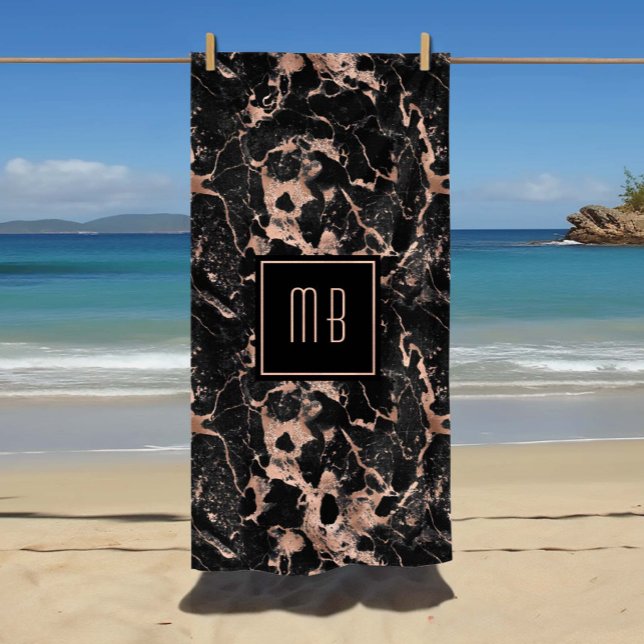 Elegant Monogram Rose Gold Black Marble Beach Towel (Elegant Monogram Rose Gold Black Marble Beach Towel)