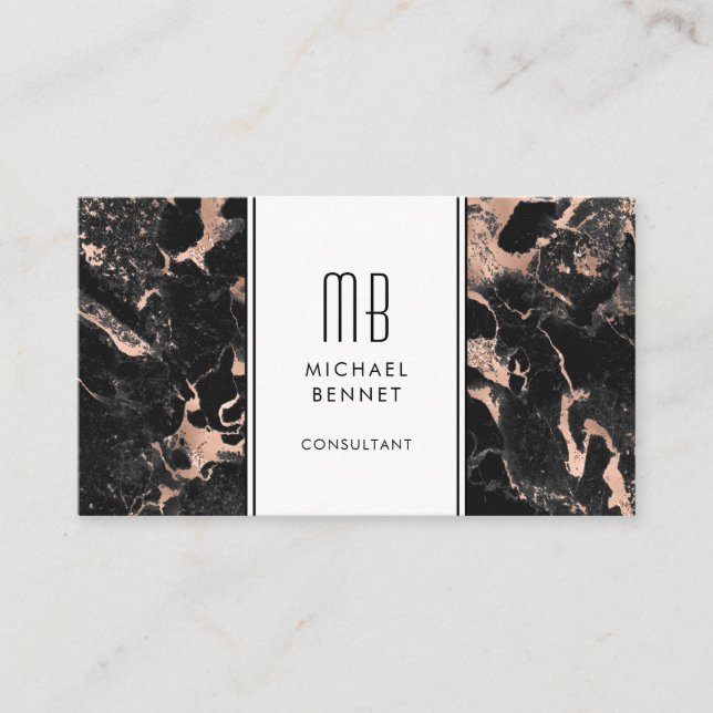 Elegant Monogram Rose Gold Black Marble  Business Card (Front)