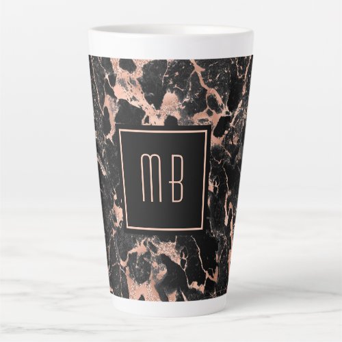 Elegant Monogram Rose Gold Black Marble  Latte Mug