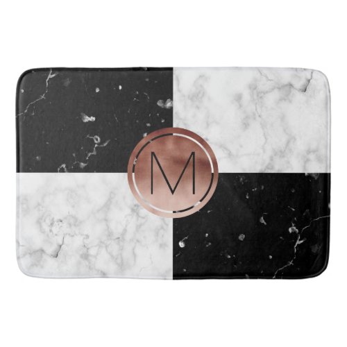 Elegant monogram rose gold black white marble bath mat