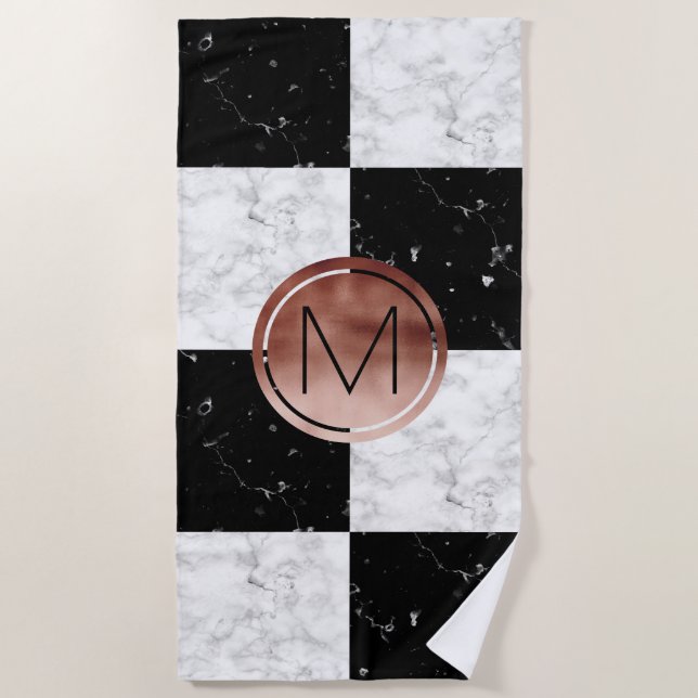 Elegant monogram rose gold black white marble beach towel (Front)