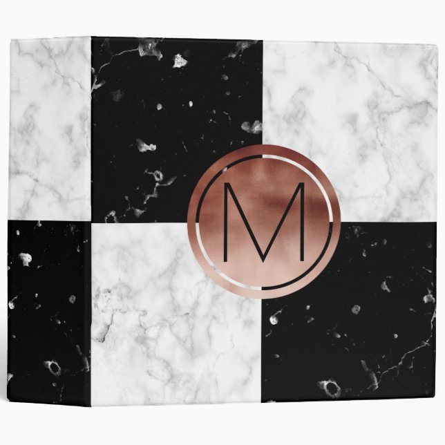 Elegant monogram rose gold black white marble binder (Front/Spine)