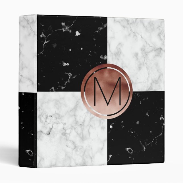 Elegant monogram rose gold black white marble binder (Front/Spine)