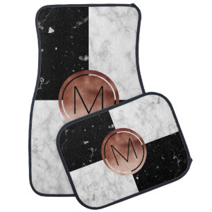 Elegant monogram rose gold black white marble car floor mat