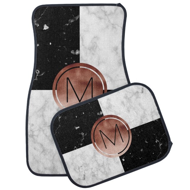 Elegant monogram rose gold black white marble car floor mat (Set)