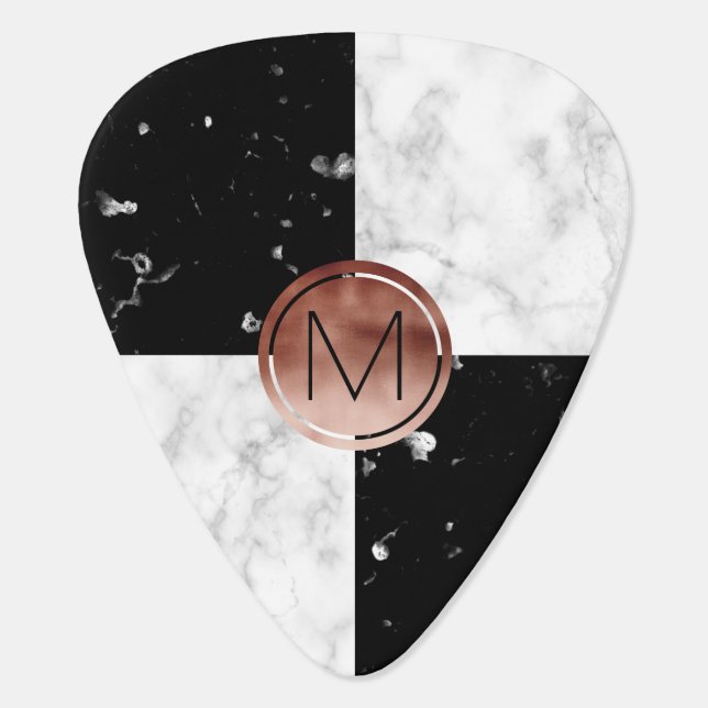Elegant monogram rose gold black white marble guitar pick (Back)