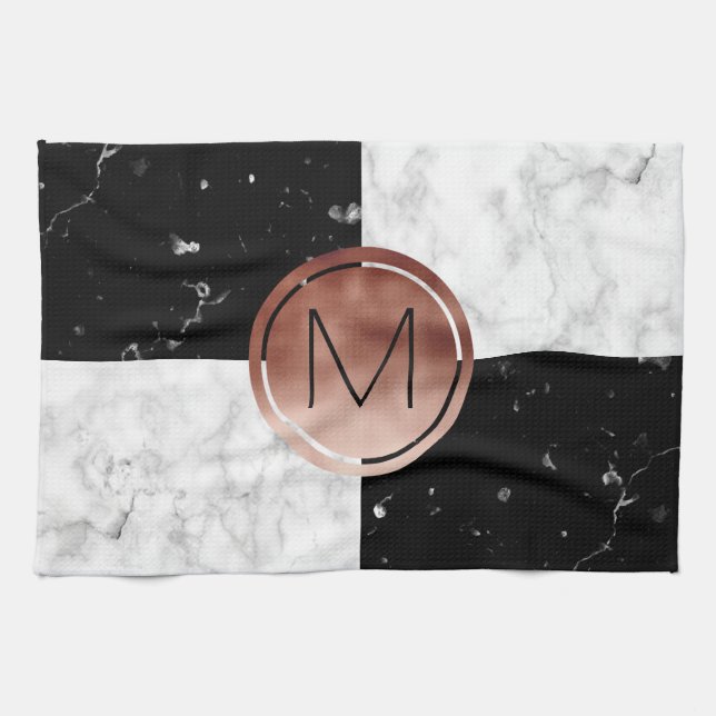 Elegant monogram rose gold black white marble kitchen towel (Horizontal)