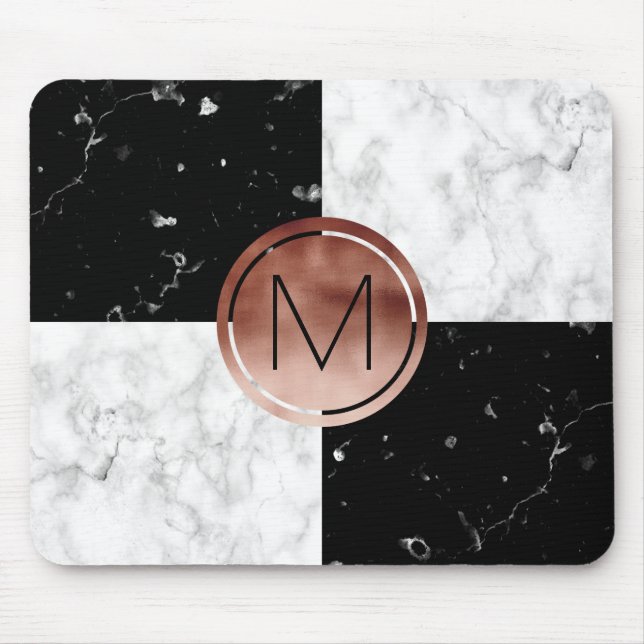Elegant monogram rose gold black white marble mouse pad (Front)