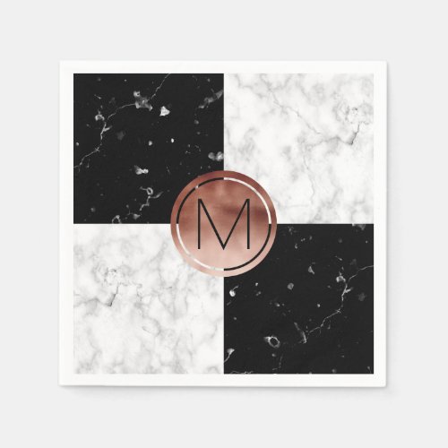 Elegant monogram rose gold black white marble napkins