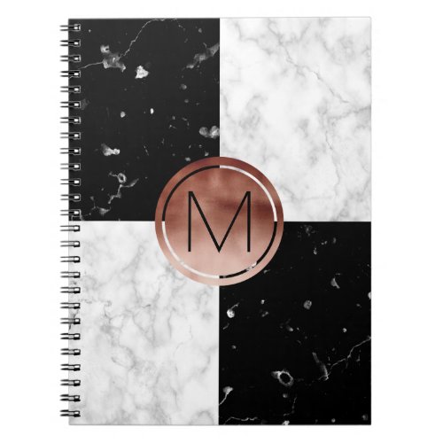 Elegant monogram rose gold black white marble notebook