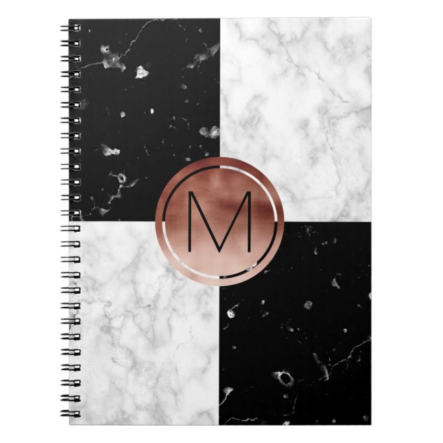 Elegant monogram rose gold black white marble notebook (Front)