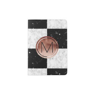 Elegant monogram rose gold black white marble passport holder