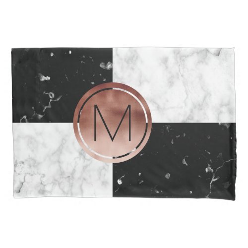 Elegant monogram rose gold black white marble pillow case