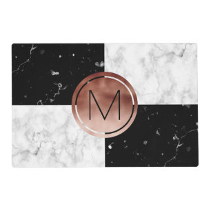 Elegant monogram rose gold black white marble placemat
