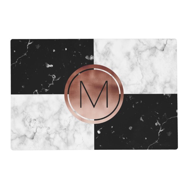 Elegant monogram rose gold black white marble placemat (Front)