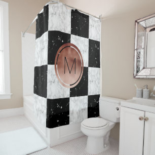 Elegant monogram rose gold black white marble shower curtain