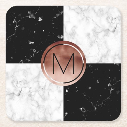 Elegant monogram rose gold black white marble square paper coaster