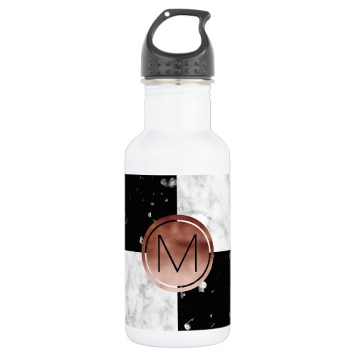 Elegant monogram rose gold black white marble stainless steel water bottle