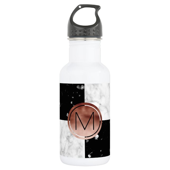 Elegant monogram rose gold black white marble stainless steel water bottle (Front)