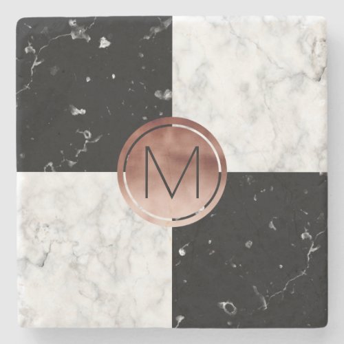 Elegant monogram rose gold black white marble stone coaster