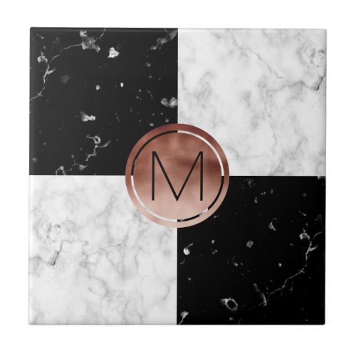 Elegant monogram rose gold black white marble tile