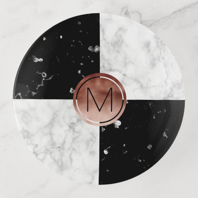 Elegant monogram rose gold black white marble trinket tray (Front)