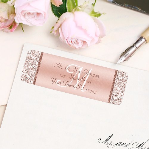 Elegant Monogram Rose Gold Damask Wedding Label