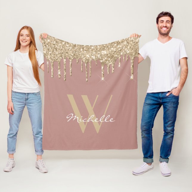 Elegant Monogram Rose Gold Dripping Glitter Name Fleece Blanket (In Situ)