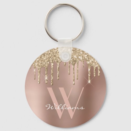 Elegant Monogram Rose Gold Glitter Drips Name Keychain