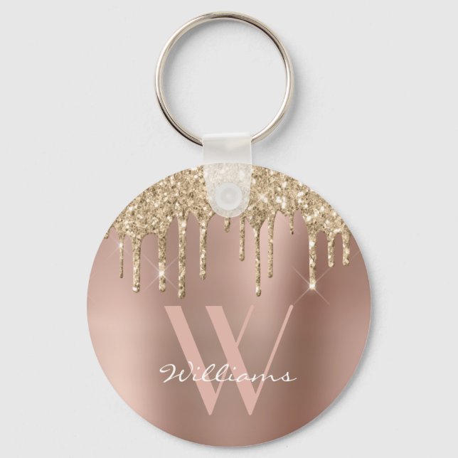 Elegant Monogram Rose Gold Glitter Drips Name Keychain (Front)