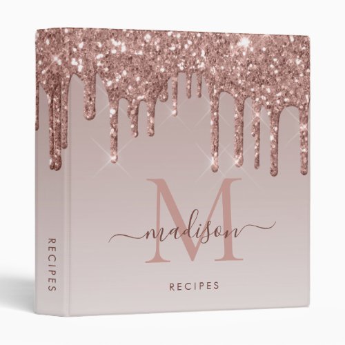 Elegant Monogram Rose Gold Glitter Drips Sparkle 3 Ring Binder