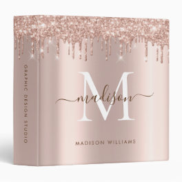 Elegant Monogram Rose Gold Glitter Girly Script 3 Ring Binder