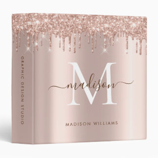 Elegant Monogram Rose Gold Glitter Girly Script  3 Ring Binder