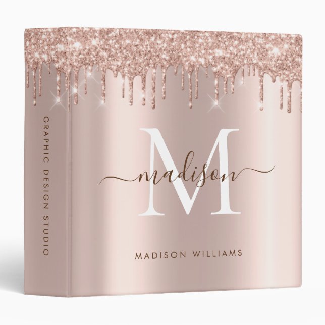 Elegant Monogram Rose Gold Glitter Girly Script  3 Ring Binder (Front/Spine)