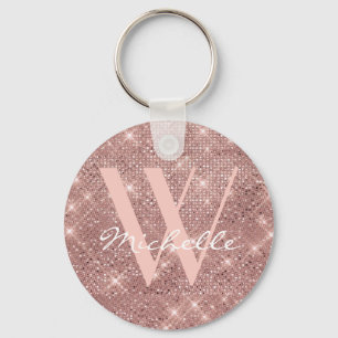 Elegant Monogram Rose Gold Glitter Name Script Keychain