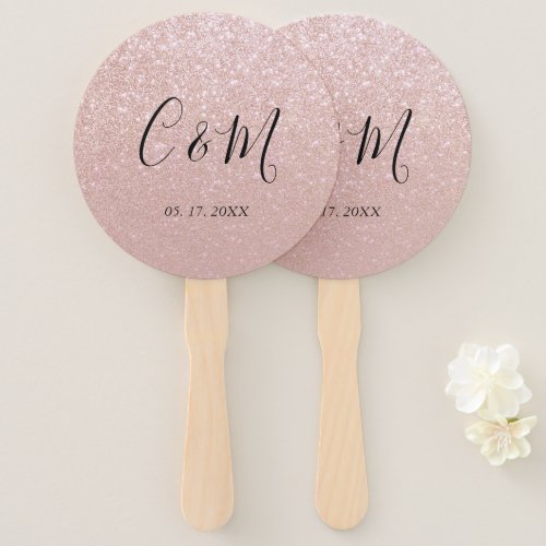 Elegant Monogram Rose Gold Glitter Wedding Hand Fan