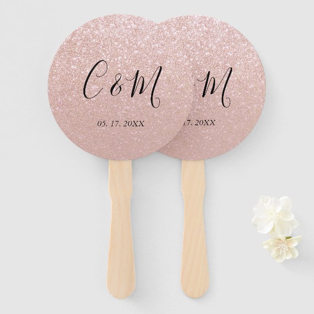 Elegant Monogram Rose Gold Glitter Wedding Hand Fan (Front and Back)