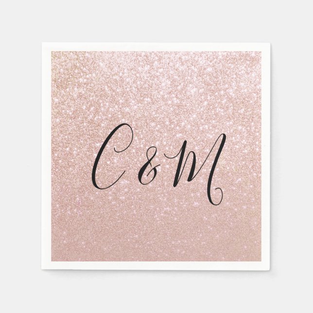 Elegant Monogram Rose Gold Glitter Wedding Napkins (Front)