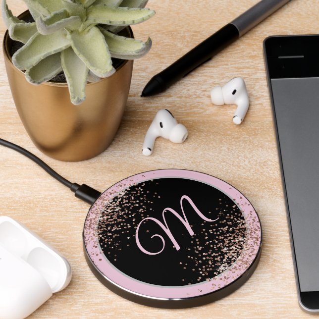 Elegant Monogram Rose Gold Glitter Wireless Charger (Desk 2)