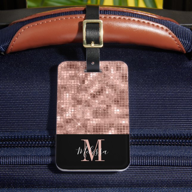 Elegant Monogram Rose Gold Sequin Luggage Tag (Front Insitu 2)