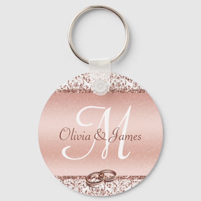 Elegant Monogram Rose Gold Wedding Favor Keychain (Front)