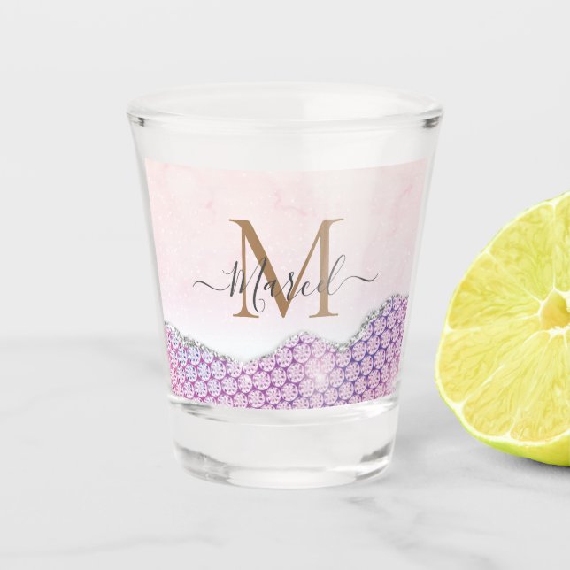 Elegant Monogram Rose pink Glitter   Shot Glass (Front)