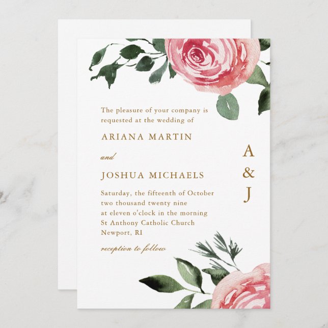 Elegant Monogram Roses Wedding Invitation (Front/Back)