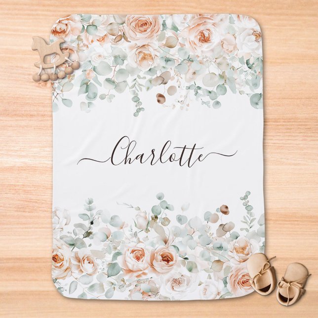 Elegant Monogram Rustic Rose Floral Greenery Baby Baby Blanket (In situ)