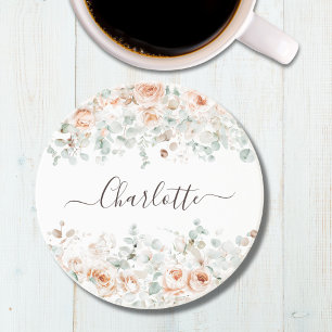 Elegant Monogram Rustic Rose Floral Greenery Coaster