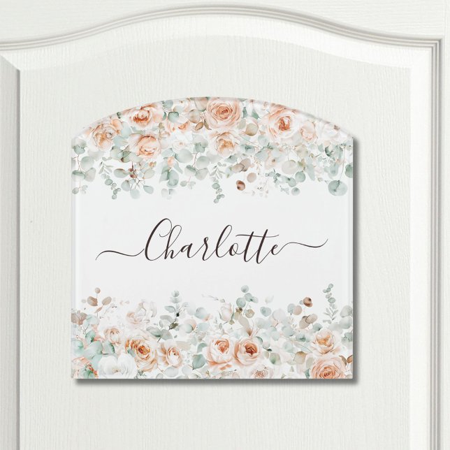 Elegant Monogram Rustic Rose Floral Greenery Door Sign (In situ)