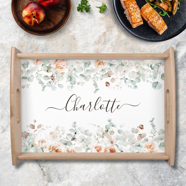 Elegant Monogram Rustic Rose Floral Greenery Serving Tray (In situ)