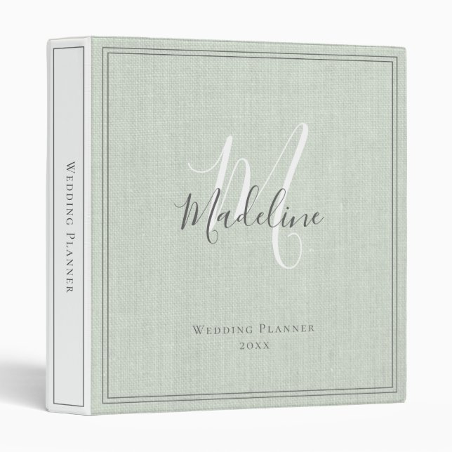 Elegant Monogram Rustic Sage Green Wedding Planner 3 Ring Binder (Front/Spine)